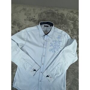 7 Diamonds Men's Blue Stripe Button Down Long Sleeve Shirt Embroidered Size XL
